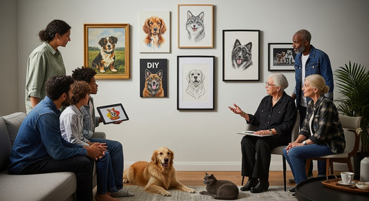 pet portrait examples, family viewing art, creative pet art