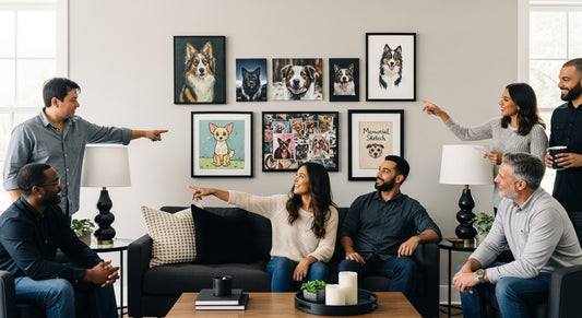 pet portrait styles, gallery wall, people admiring art