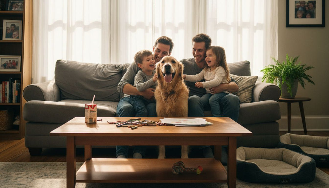 Family and dog posing for portrait on couch