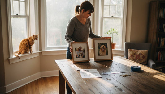 Mother framing family and pet portraits at table
