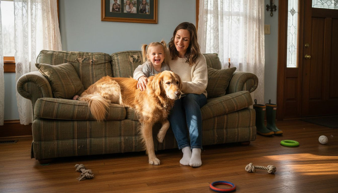 Family with dog sharing moment on sofa