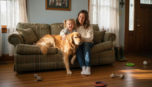 Family with dog sharing moment on sofa