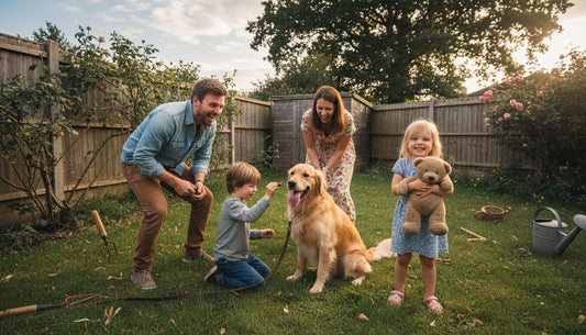 Family and dog posing for photo in backyard