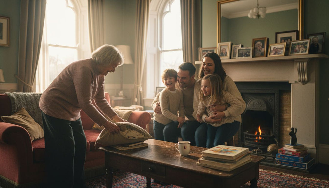 British family gathered for portrait in home