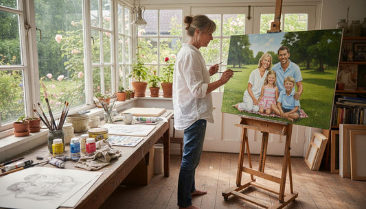 Artist painting family portrait in studio
