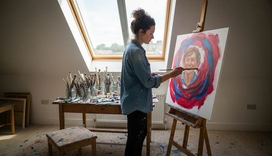 Artist painting colorful custom portrait in studio