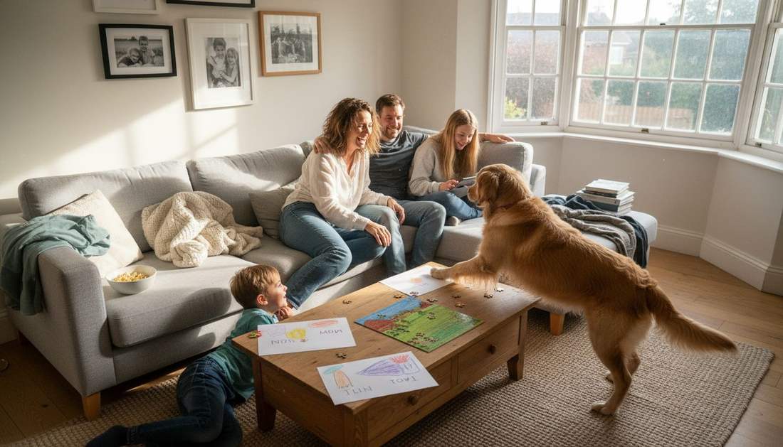 Family with dog relaxing in sunlit living room