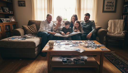 Family laughing together over photo album