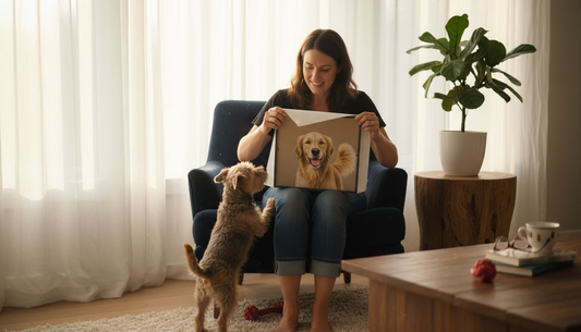 Pet lover opening custom dog portrait gift