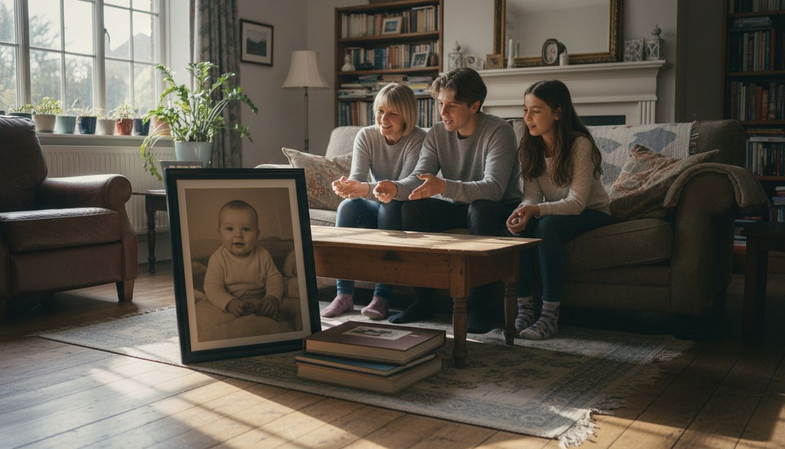Family reviewing new milestone portrait in living room
