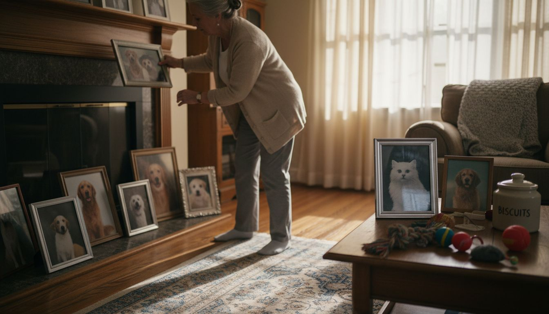 Woman arranging pet memorial artwork at home