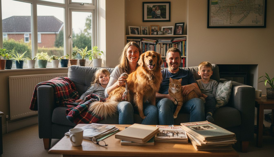 Family with dog and cat on sofa smiling