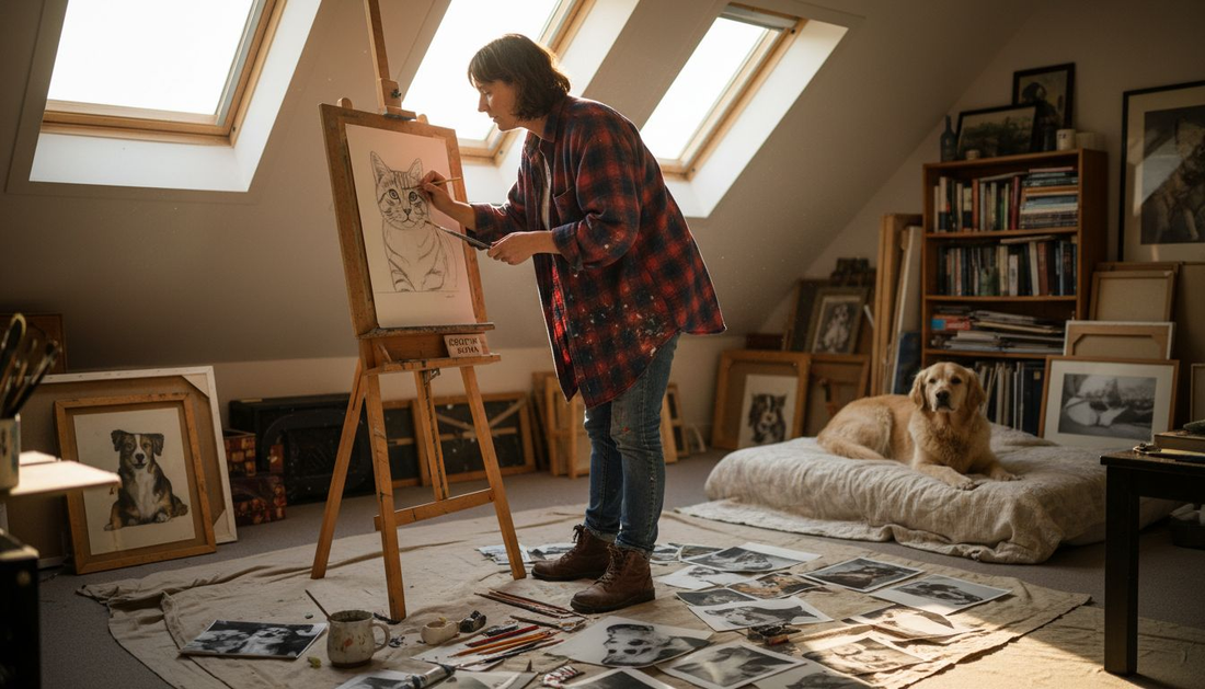 Artist sketching pet portrait in attic studio