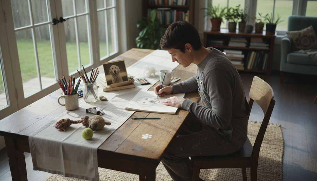Artist creates pet memorial portrait at table