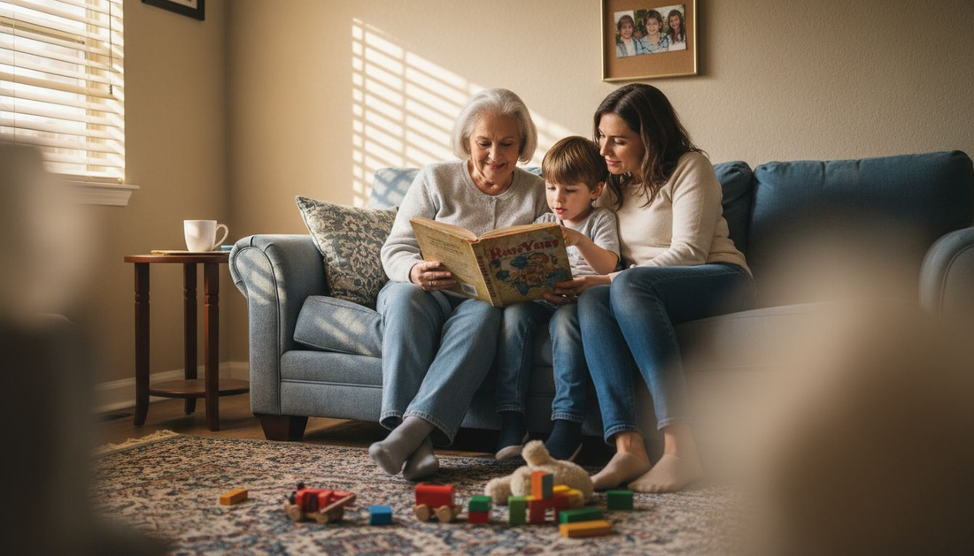 Three generations reading together on sofa