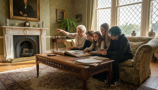 Family reviewing portraits in historic living room