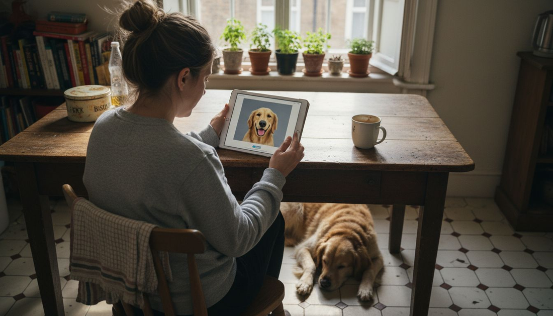 Woman reviews digital pet portrait at table