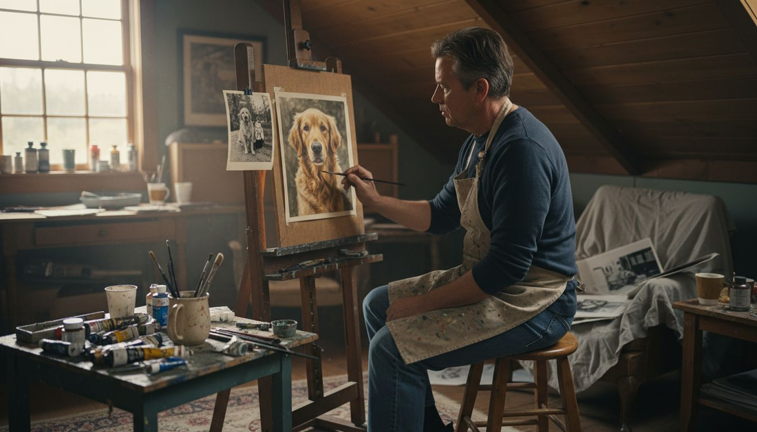 Artist painting pet portrait in attic studio