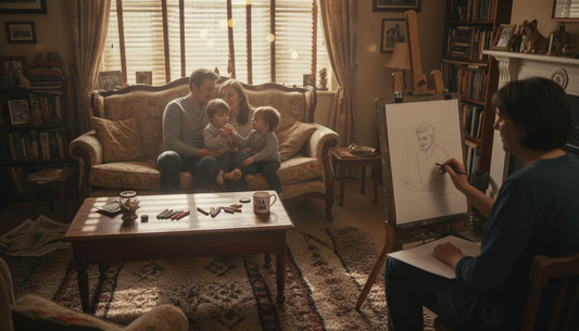 Family sitting for artist in lived-in room