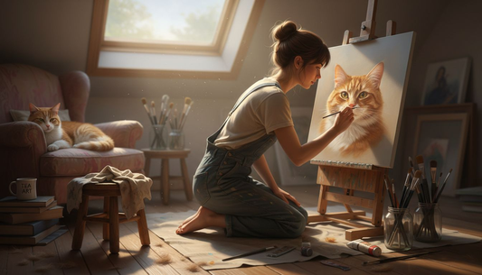 Artist painting cat portrait in attic studio