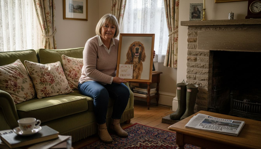 Woman hanging pet portrait in British home