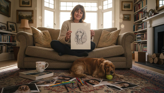 Woman reviews dog portrait in bright living room