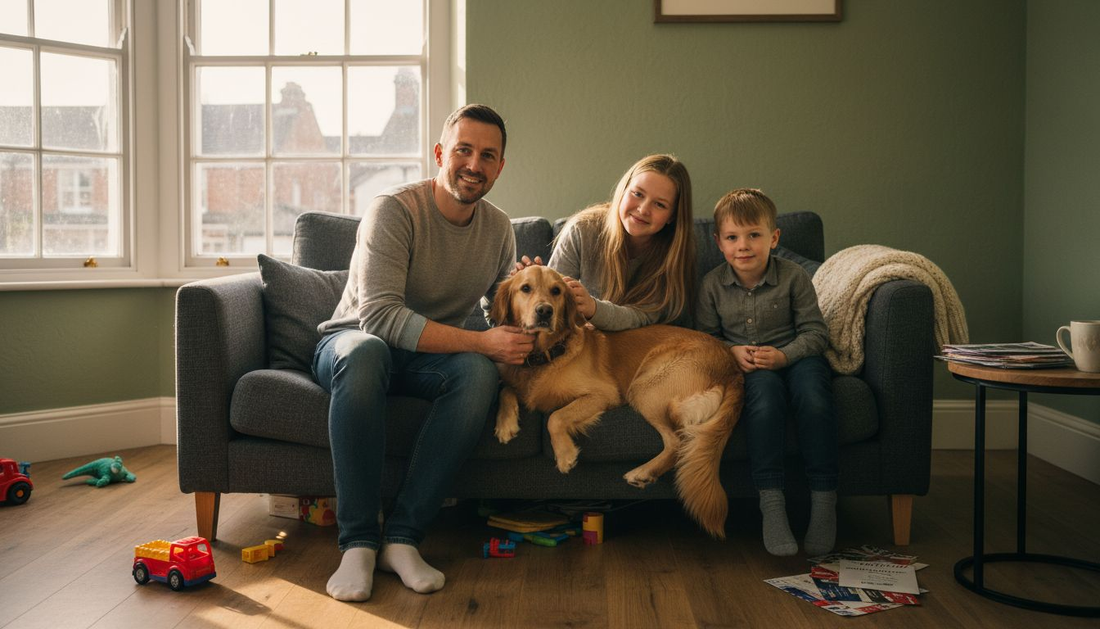 Family posing with dog in sunlit living room