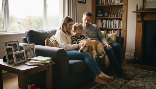 Casual family and pet portrait in sunlit living room