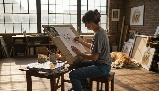 Artist sketching pet portrait in studio
