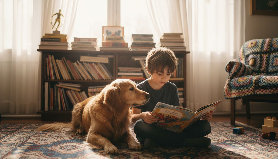 Child reading with pet in sunlit living room