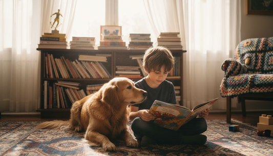 Child reading with pet in sunlit living room