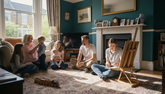 Family posing for portrait in UK home