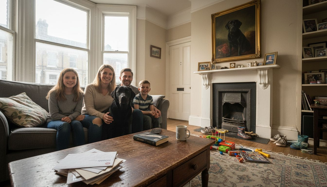 UK family with pet dog portrait in home