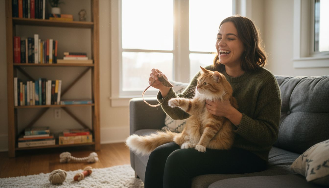 Woman and cat in playful portrait session