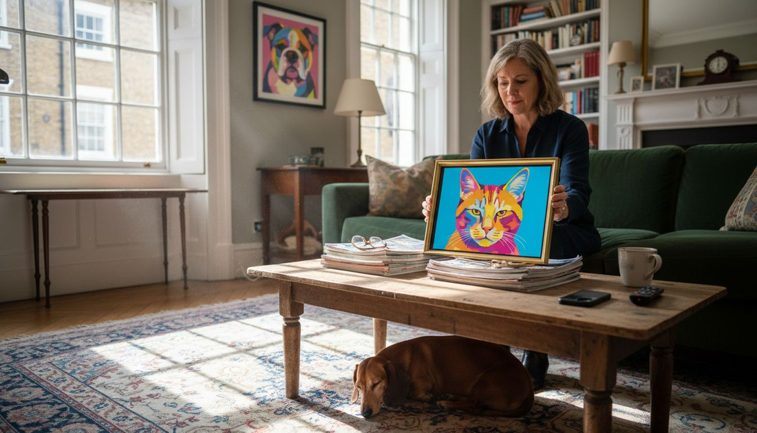 Woman holding framed digital pet portrait in cozy UK living room