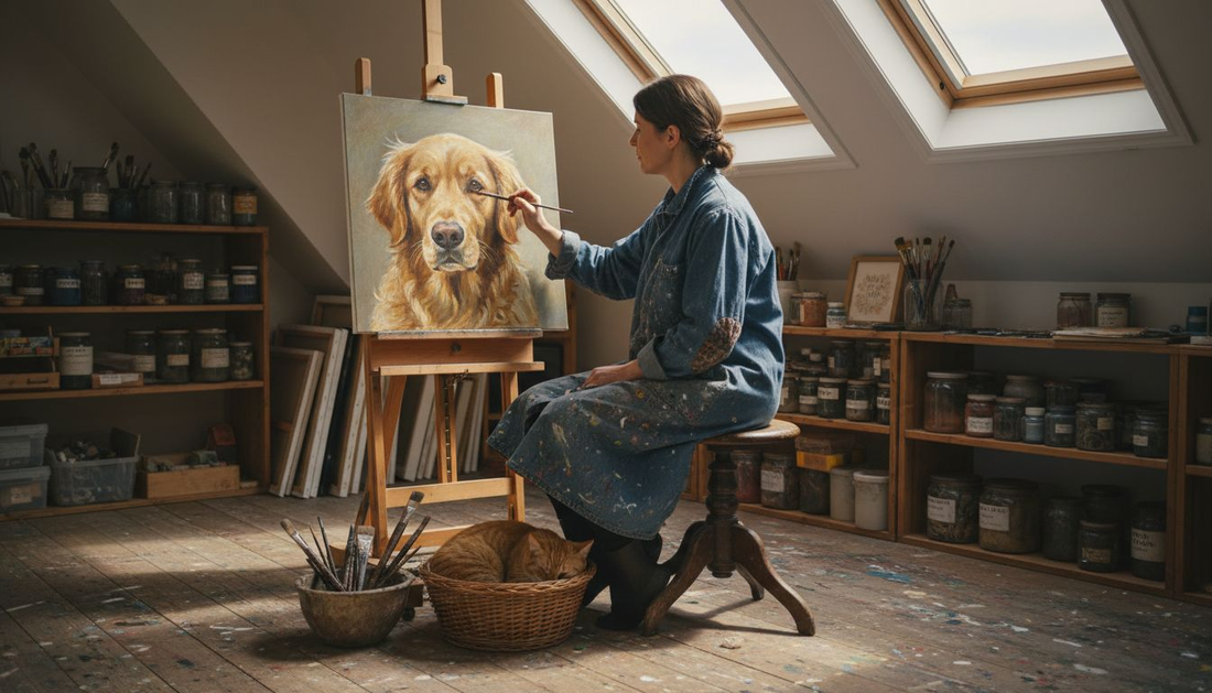 Artist painting custom pet portrait in attic studio