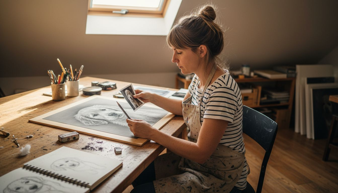 Artist comparing portrait to photo at studio desk