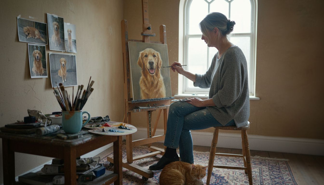 Artist painting pet portrait in London studio
