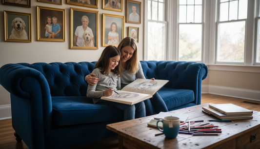 Mother and daughter with expressive portraits at home