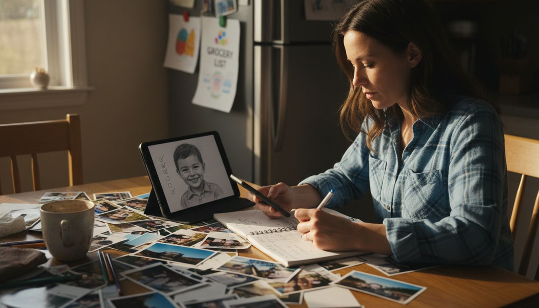Woman organizing custom portrait order at kitchen table