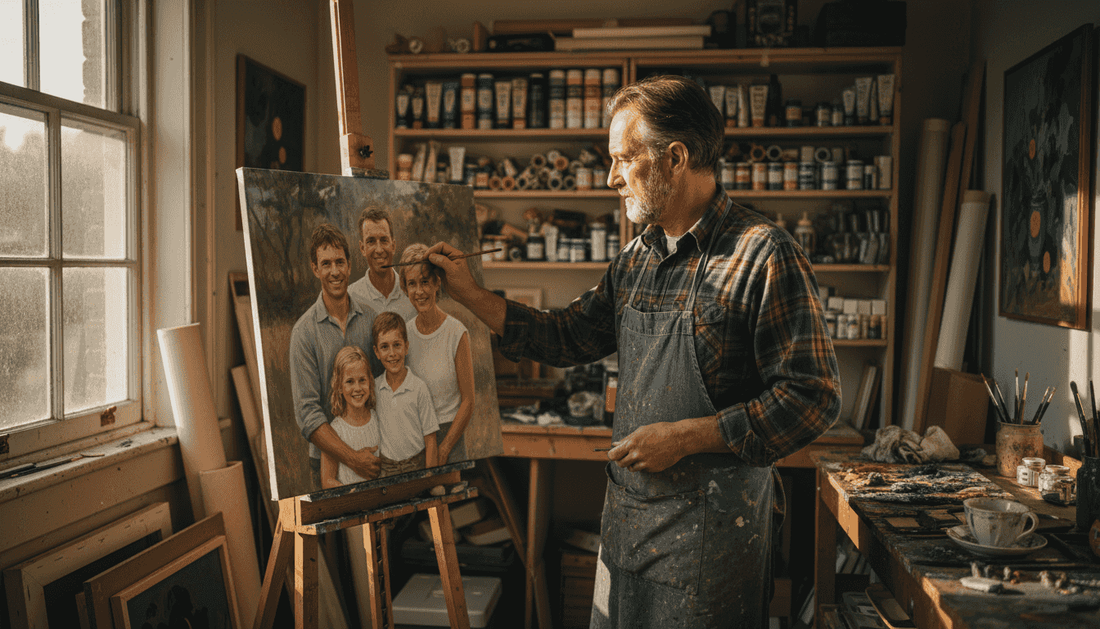 UK artist painting custom portrait in studio