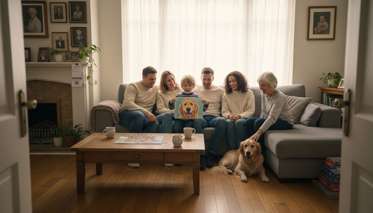 Family sharing painted portrait with pet present