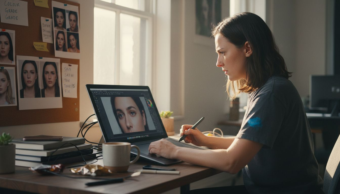 Photo editor retouching portrait at sunlit desk
