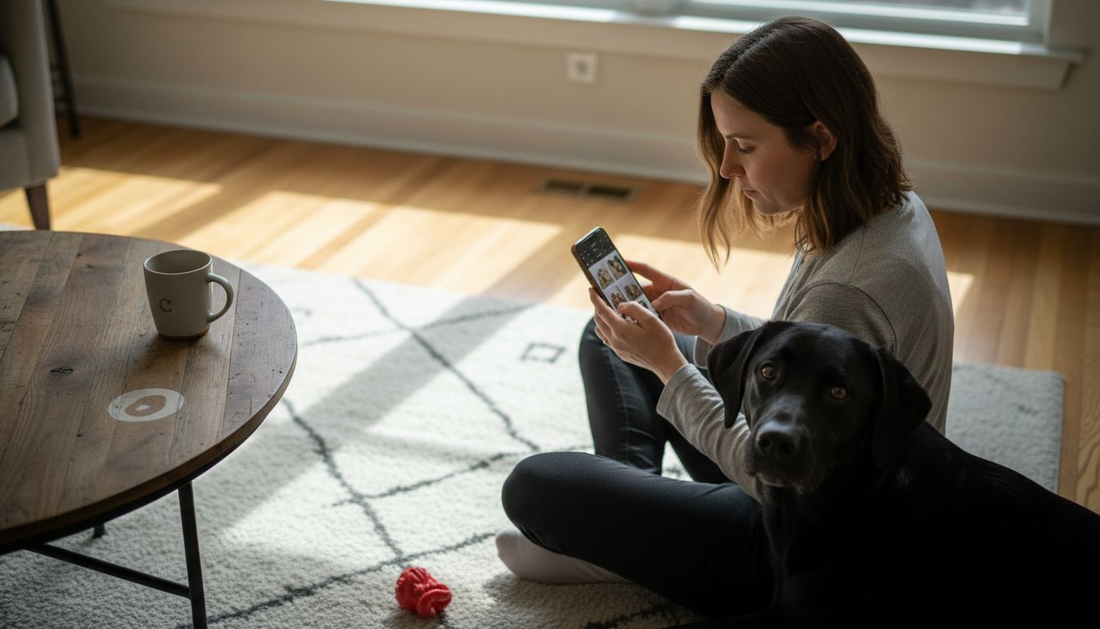 Woman selecting pet photos at home