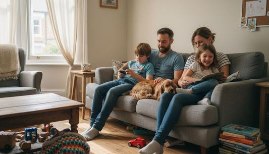 Family and dog relax in cosy living room