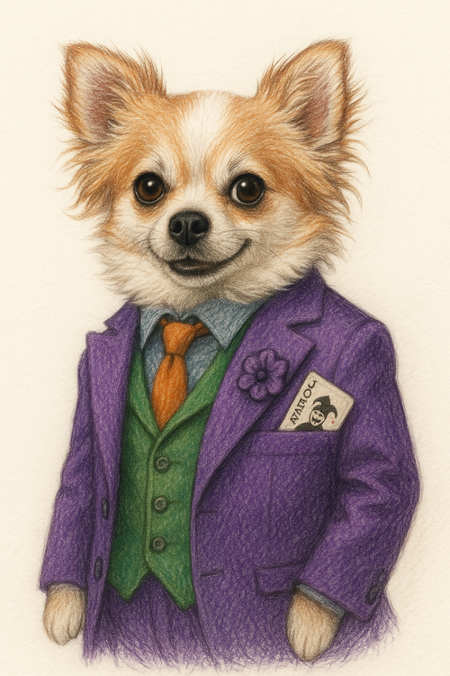 Custom Joker-Inspired Pet Portrait – Purple Suit Edition