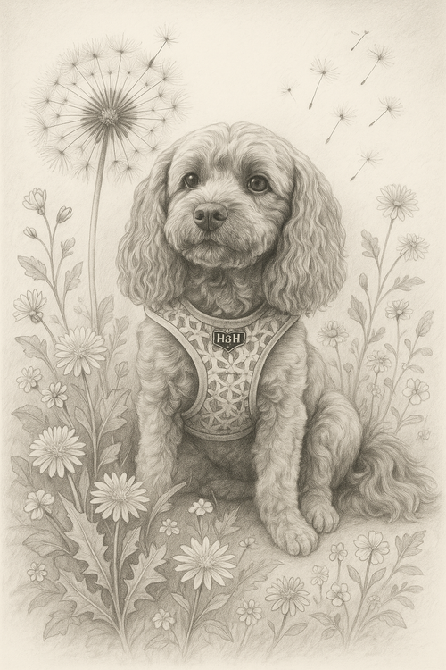 Botanical pet portrait in pencil sketch style