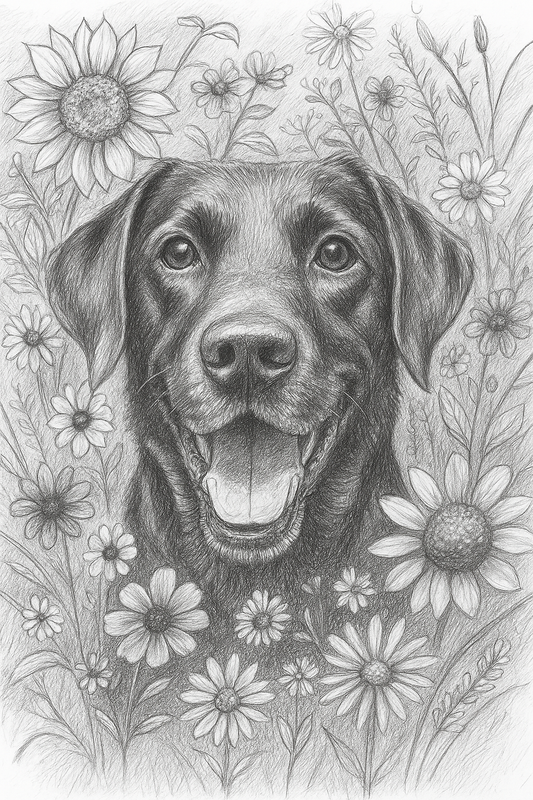 Petals & Paws – Black & White Floral Pet Drawing